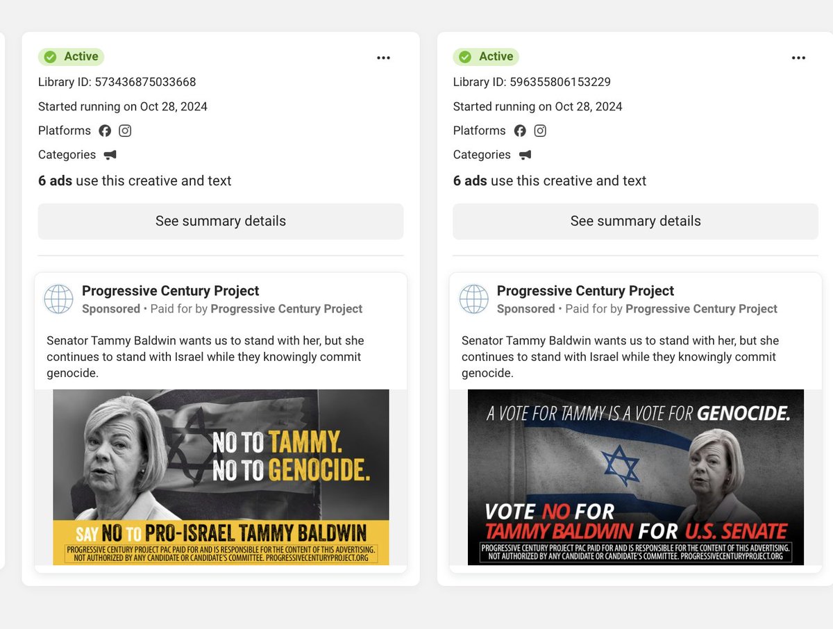 another "progressive" super Pac that just appeared two weeks ago running ads in Wisconsin on Gaza -- this time against Democratic Sen. Tammy Baldwin. Vendors are random LLCs and donors won't be known until after election day..