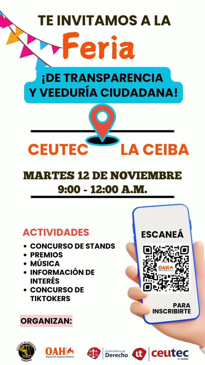 actjhonduras's tweet photo. Atención #LaCeiba este Martes 12, a partir de las 9:00 am, participa de forma gratuita en la #Feria #JuventudyTransparencia en #CEUTEC, habrá música, concursos y premios sorpresa!
Sé parte del cambio que Honduras necesita! Involúcrate!
#CICIH #Honduras #UCENM #UTH #UNITEC #CURLA #UNICAH @Ceutec_hn