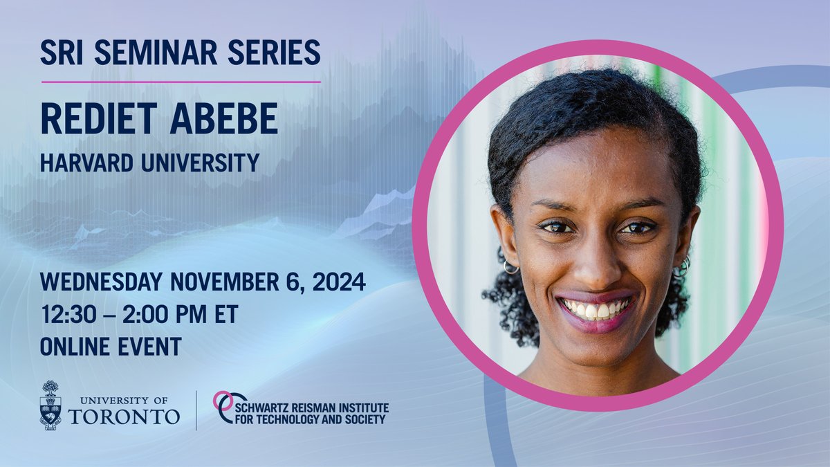 Schwartz Reisman Institute (@torontosri) on Twitter photo 🗓️ This week, the SRI Seminar Series welcomes <a href="/Harvard/">Harvard University</a> Jr. Fellow Rediet Abebe for a talk on using algorithmic prediction to efficiently allocate societal resources. Nov. 6, 12:30pm ET.
💡 Talk: “When does resource allocation require prediction?”
🔗 bit.ly/3NQfMfn 🗓️ This week, the SRI Seminar Series welcomes <a href="/Harvard/">Harvard University</a> Jr. Fellow Rediet Abebe for a talk on using algorithmic prediction to efficiently allocate societal resources. Nov. 6, 12:30pm ET.
💡 Talk: “When does resource allocation require prediction?”
🔗 bit.ly/3NQfMfn