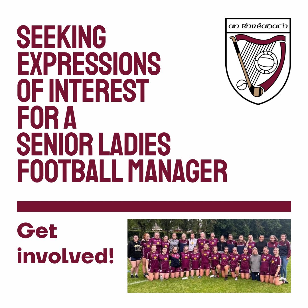 Bredagh GAC (@bredaghgac1) on Twitter photo We would like to invite expressions of interest for the position of Senior Ladies Football Manager.
๐ง Damian, chair of Ladies Football damiancunningham317@hotmail.com to find out more details.
Closing date Friday 22nd November 5pm. We would like to invite expressions of interest for the position of Senior Ladies Football Manager.
๐ง Damian, chair of Ladies Football damiancunningham317@hotmail.com to find out more details.
Closing date Friday 22nd November 5pm.