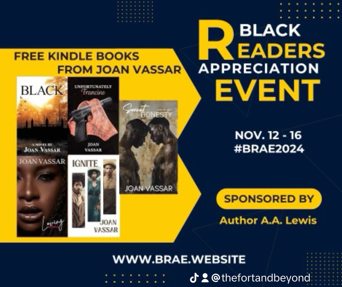 BLACK READERS APPRECIATION EVENT👏🏾

 Nov 12th-16th.  

Readers get ready because Joan Vassar has some 5⭐️ freebies waiting for you for Freeeeee‼️

#BRAE #joanvassar #historicalfiction #indieauthor #blackromance #readersoftiktok #readers #freebooks