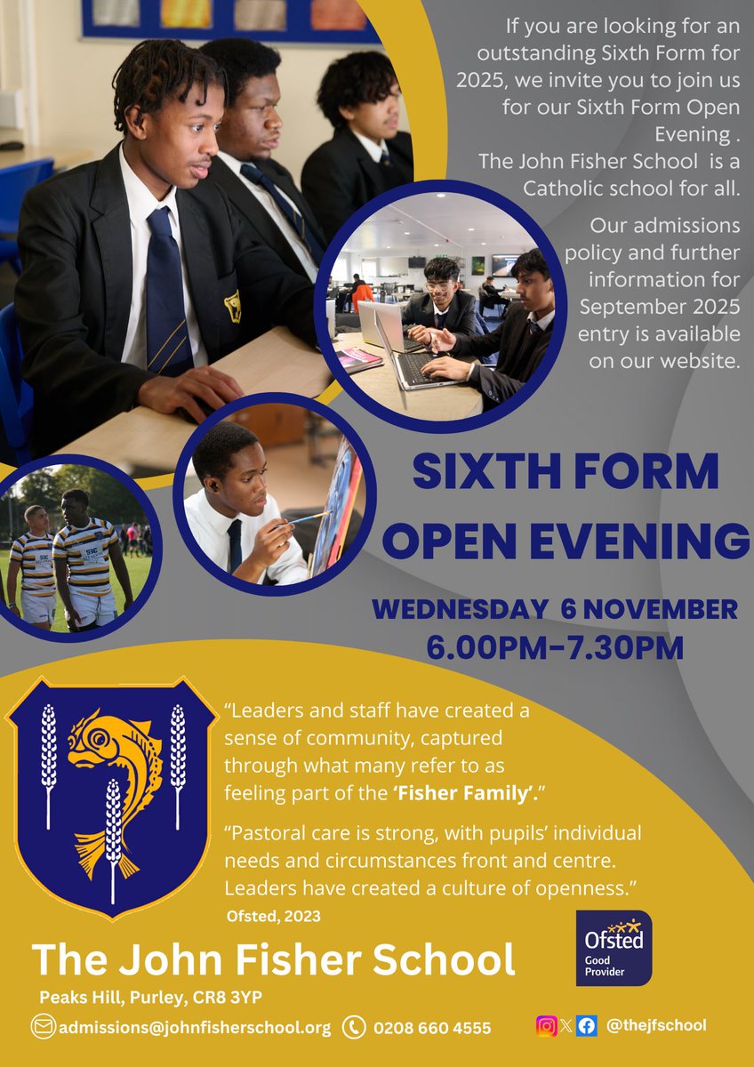 Sixth Form Open Evening is this Wednesday- 6.00-7.30
Hear from our Director of Sixth Form, Head Boy and the Headteacher on what makes John Fisher an outstanding option.