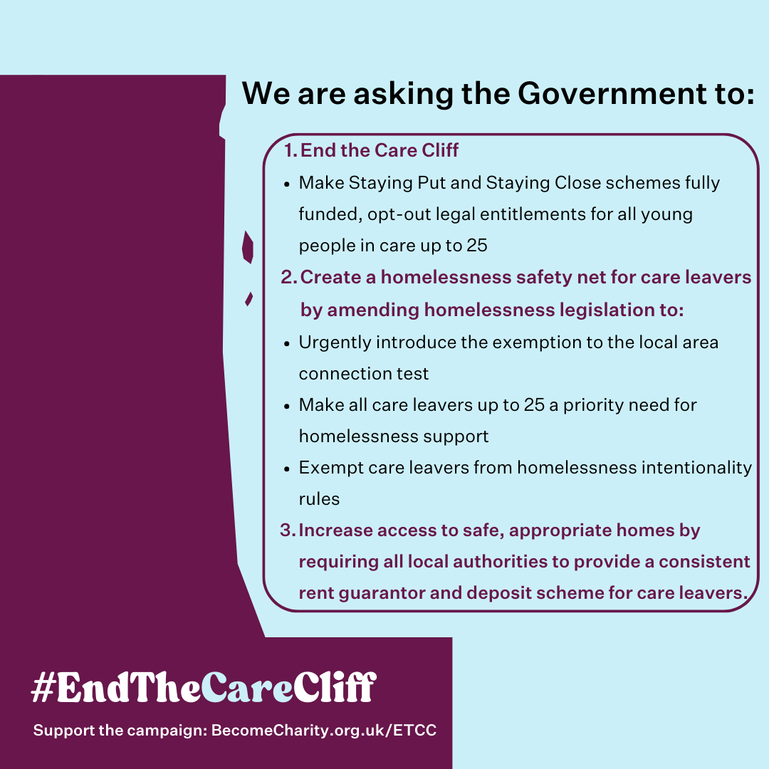 ⛰️ We want to permanently #EndTheCareCliff and the expectation of ‘independence’ asked of young people as they approach 18.

💜 Join us by sharing the campaign, amplifying young people's voices &amp; urging the Government to change the care system.

➡️ BecomeCharity.org.uk/ETCC