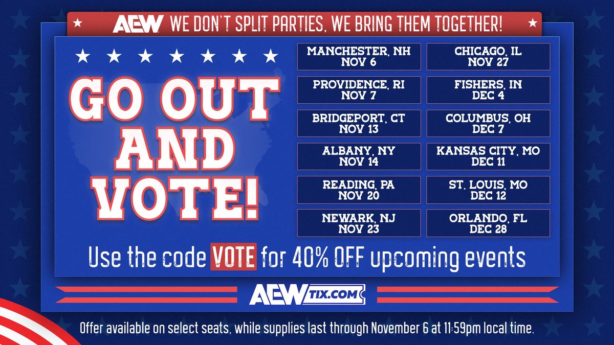 AEW's tweet image. Tomorrow is #ElectionDay !
Don't forget to #Vote , and while you're at it, take advantage of this special offer of up to 40% off of select seats at our upcoming 2024 #AEW shows!

Use the promo code VOTE to access the discount!