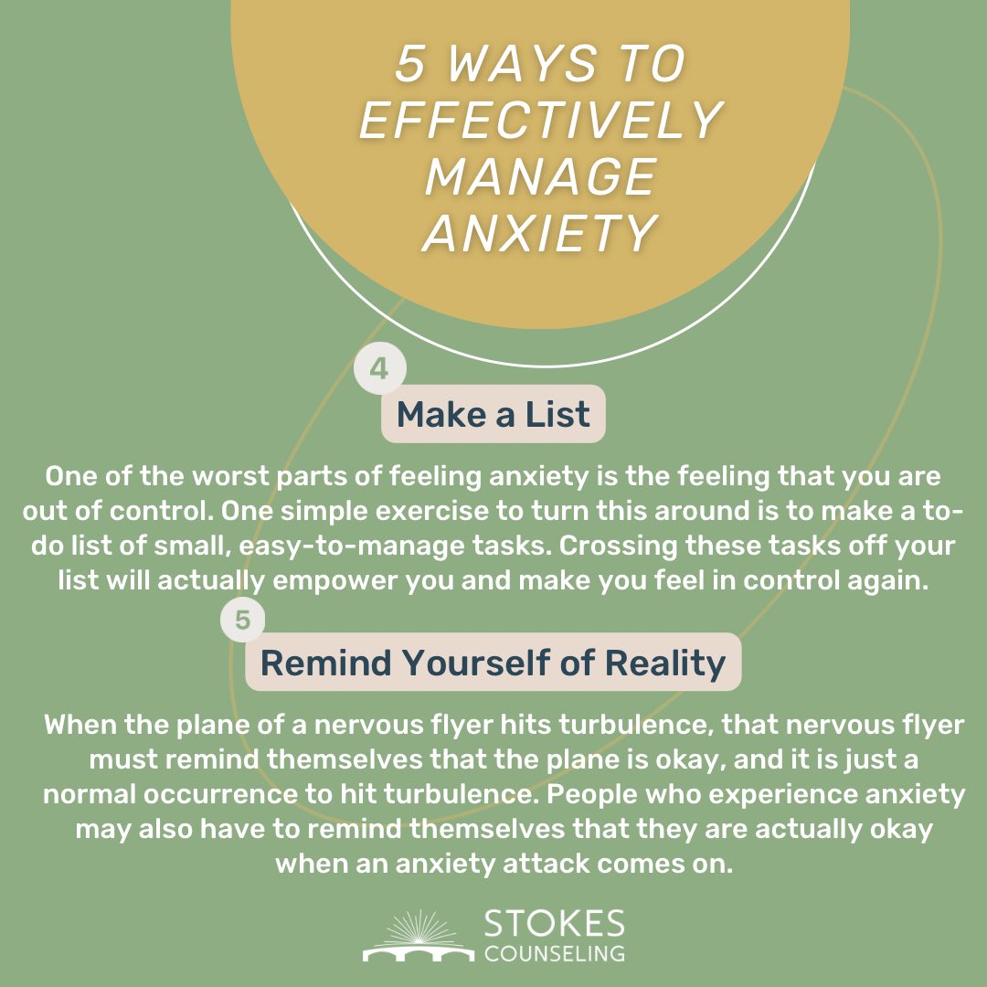SCounseling's tweet photo. 5 Ways to Effectively Manage Anxiety 💚🧠 #StokesCounseling #ManagingAnxiety #YourMentalHealthMatters 

[Resource information and data from Anxiety &amp; Depression Association of America] https://t.co/0V6cCh6mV0