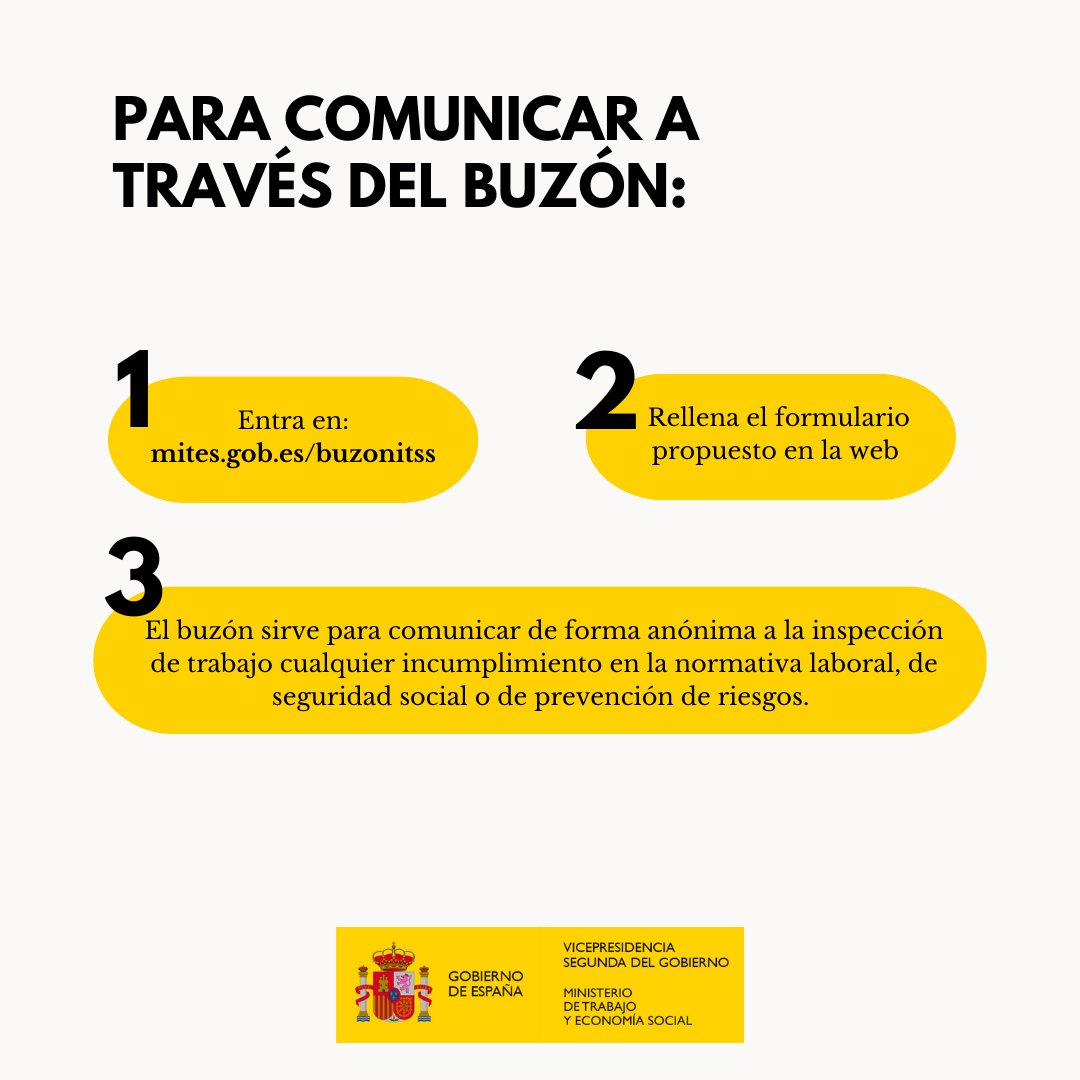 ‼️ ¿Has sufrido los efectos de la DANA y tu empresa te obliga a ir a trabajar? 

📨 Puedes dirigirte a la Inspección de Trabajo de dos formas: 

🔴 Denuncia formal: mites.gob.es/denunciaitss/

🔴Buzón anónimo:  mites.gob.es/itss/web/Atenc…