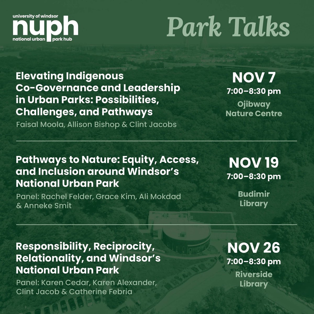 You’re invited to the University of Windsor National Urban Park Hub’s “Park Talks” Series led by Dr. Catherine Febria, Dr. Anneke Smit &amp; Clint Jacob’s of the Indigenous Knowledge Table, along with other industry experts.

Register now with the link below!
uwnuph.ca/news/post/2024…