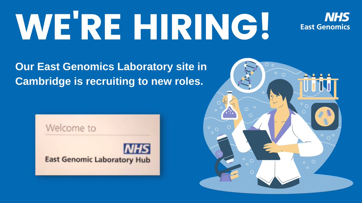 NHS East Genomics (@east_genomics) on Twitter photo Our <a href="/CUH_NHS/">Cambridge University Hospitals NHS</a> Genomic Laboratory site has some new job opportunities!
🧬Senior Genetic Technologist / NGS Team Lead
Band 6: Closes 17 Nov
careers.cuh.nhs.uk/current-vacanc…
🧬Healthcare Science Associate - Stores Clerk
Band 3: Closes 6 Nov
careers.cuh.nhs.uk/current-vacanc… Our <a href="/CUH_NHS/">Cambridge University Hospitals NHS</a> Genomic Laboratory site has some new job opportunities!
🧬Senior Genetic Technologist / NGS Team Lead
Band 6: Closes 17 Nov
careers.cuh.nhs.uk/current-vacanc…
🧬Healthcare Science Associate - Stores Clerk
Band 3: Closes 6 Nov
careers.cuh.nhs.uk/current-vacanc…