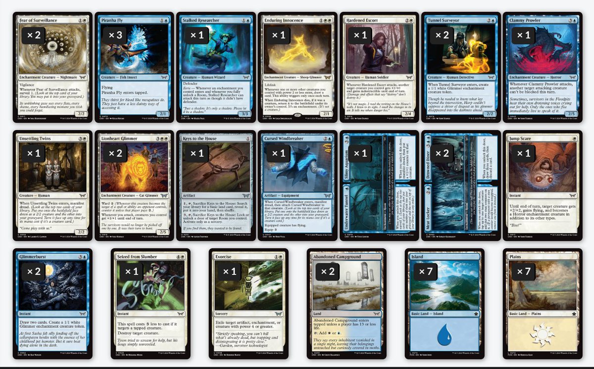 Después de 4 fechas terribles sin poder decifrar #Duskmourn, conseguí colearme en el Top 8 de la Liga de Draft en <a href="/ItacaGG/">ÍTACA</a> con este UW sorprendentemente aggro en un back-to-back de 3-0 :)