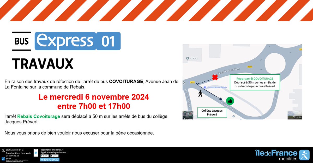 Brie2Morin_IDFM's tweet photo. 📢⚠️#InfoTrafic
🚍Ligne #01EX
📅Mercredi 6 novembre entre 7h et 17h
‼️ REBAIS Covoiturage
❌En raison de travaux de réfection Arrêt Covoiturage déplacé à 50 m sur les arrêts du Collège Jacques Prévert
Merci de votre compréhension https://t.co/Bw7nQSVpxC