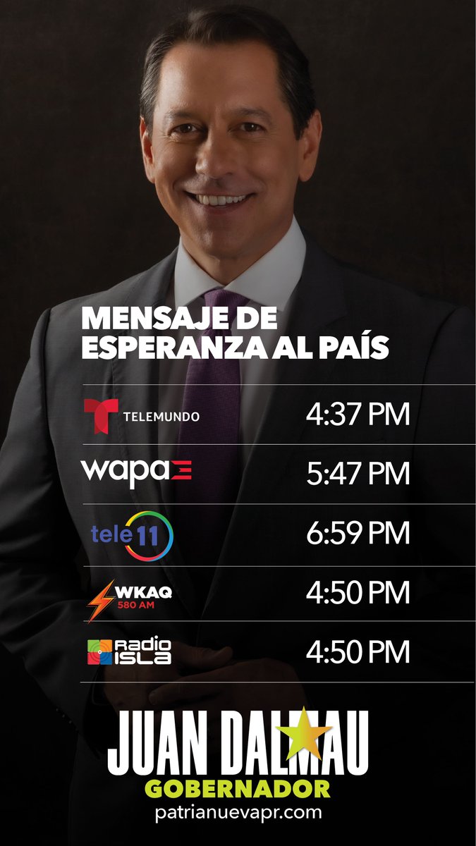 Brindaré un mensaje al país hoy, lunes 4 🇵🇷. Conéctate a las 5:00 p.m. por Facebook: @JuanDalmauPR y YouTube: @patrianuevapr
#PatriaNueva