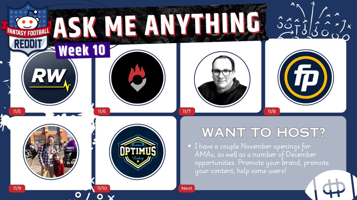 Lots going on this week 🇺🇸

Make sure to stop by our AMAs for insights as we're already approaching WEEK 10!

Tu - <a href="/RotoWire/">RotoWire</a>
W - <a href="/FantasyPts/">Fantasy Points</a>
Th - <a href="/scott_pianowski/">scott pianowski</a> <a href="/YahooFantasy/">Yahoo Fantasy Sports</a>
F - <a href="/FantasyPros/">FantasyPros</a> <a href="/AndrewErickson_/">Andrew Erickson™</a>
Sa - <a href="/DynastyDorks/">Dave Heilman NFL</a> <a href="/FFDynastyTrades/">Dynasty Trade Calculator™⚖️</a>
Su - <a href="/OptimusFantasy/">Optimus Fantasy Football</a> <a href="/NatePolvogt/">Nate Polvogt</a>