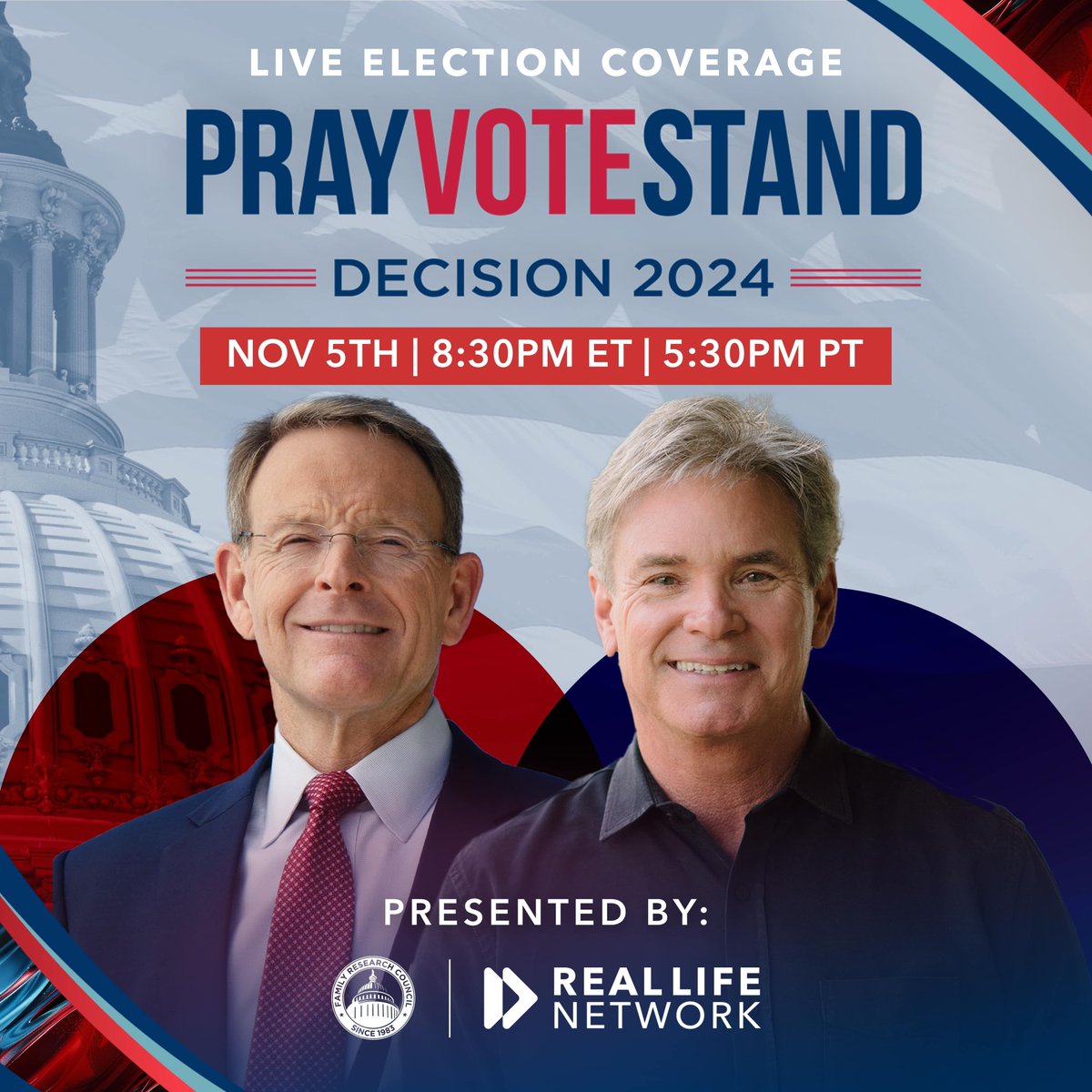 Reality_Alert's tweet photo. Tomorrow’s the day! 🇺🇸 Watch Pray Vote Stand Decision 24’ live for crucial election insights through a Biblical lens. Tune in Nov 5, 8:30 PM ET / 5:30 PM PT on Real Life Network. ➡️ https://t.co/WgPzXKmJrR #PrayVoteStand #Election2024 https://t.co/xoR2GQi2Gt