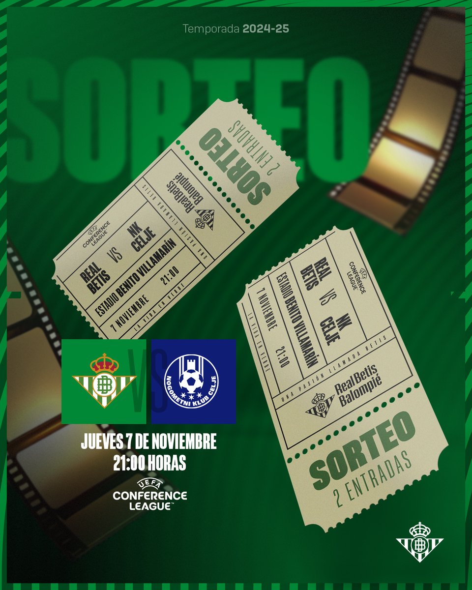 ¡OJO! 📢

¡Sorteamos 2 entradas para el #RealBetisCelje entre todos los que hagáis 𝐑𝐓 a esta publicación! 🔁🎫👍