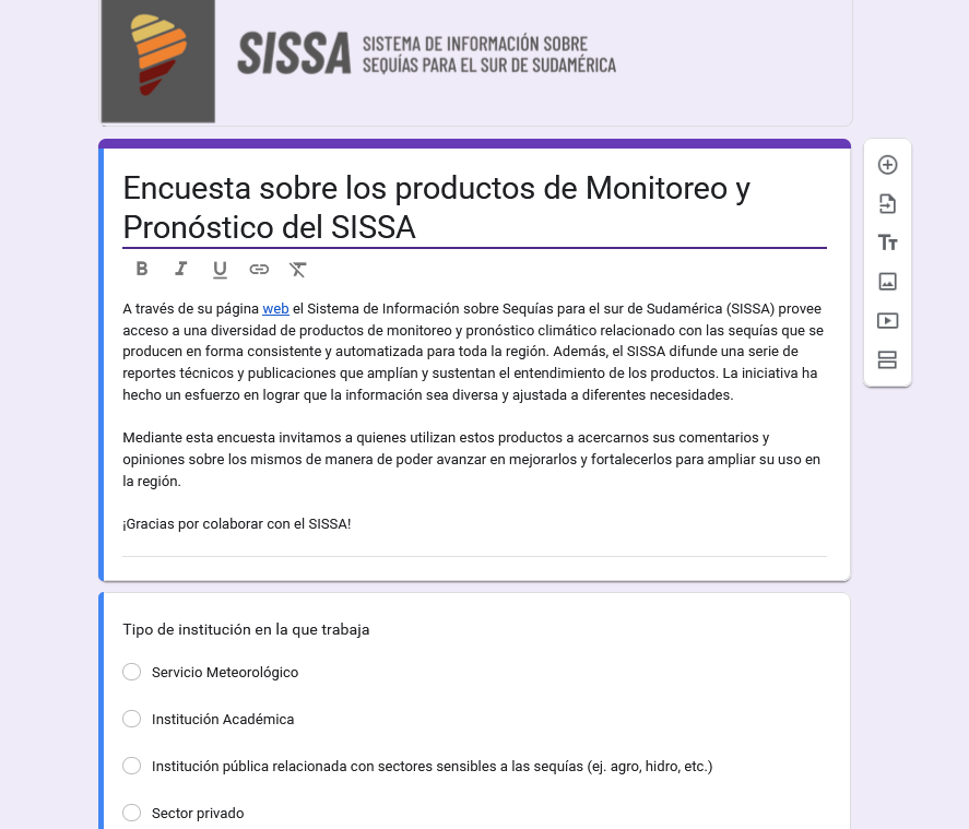 CRC_SAS's tweet image. 🔶 PARTICIPA DE NUESTRA ENCUESTA DE USO DE PRODUCTOS DE MONITOREO Y PRONÓSTICO PARA LAS #SEQUÍAS. El sondeo permitirá relevar fortalezas y oportunidades de mejora de las distintas herramientas del #SISSA. 🔧🔨⚙️
Accede bit.ly/4frk4Gh