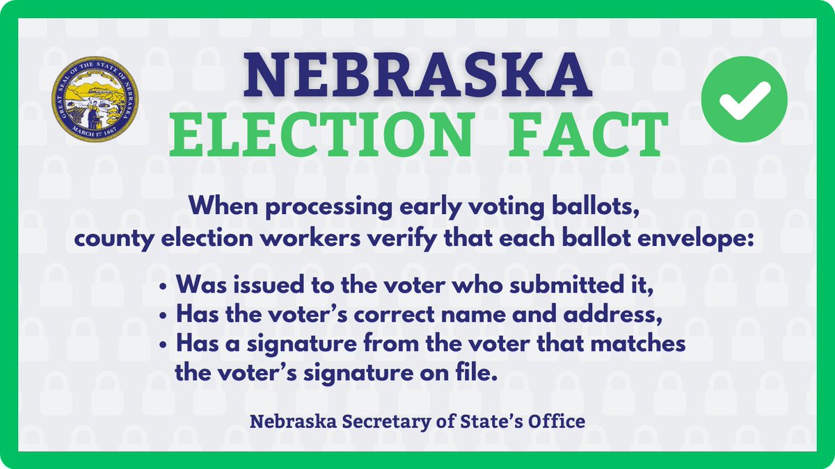 NebraskaSOS's tweet photo. Did you know? ✅ Every county in Nebraska has at least one secure ballot drop box that's checked at least once each business day. Election workers review every ballot that is submitted to a drop box. 

Make sure you get your election-related information from reputable sources. https://t.co/Vl3Gpptbej