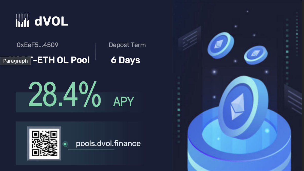 <a href="/dvolfinance/">dVOL.Finance</a> <a href="/arbitrum/">Arbitrum</a> 
USDT-ETH Pool earned 24.3% APY last week !
Earn more with your ETH or wBTC or USDT today !

USDT-ETH  流动性池本周获得年华24.3% 的收益，来加入我们让您的数字资产累计更多的收益！

pools.dvol.finance