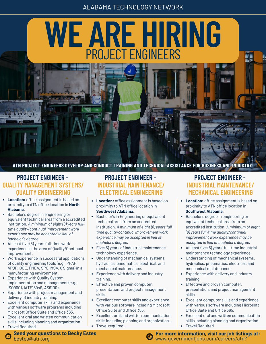 ATN (@altechnetwork) on Twitter photo WE ARE HIRING - Project Engineers
For more information or to apply: governmentjobs.com/careers/atn?
Questions: please contact Becky Estes at bestes@atn.org. WE ARE HIRING - Project Engineers
For more information or to apply: governmentjobs.com/careers/atn?
Questions: please contact Becky Estes at bestes@atn.org.