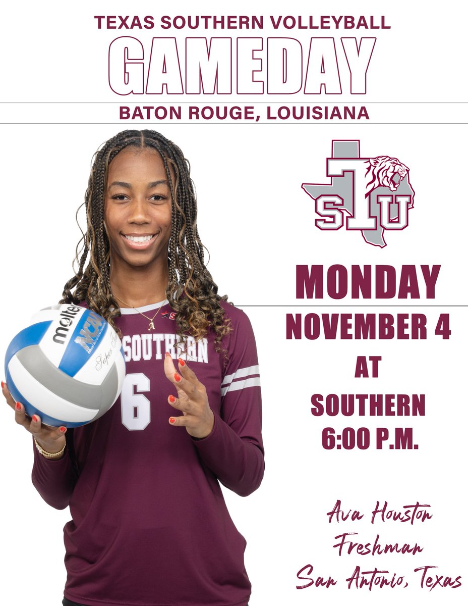 Texas Southern University (TSU) Athletics (@txsotigers) on Twitter photo Our <a href="/TXSOVolleyball/">Texas Southern Volleyball</a> team is back in action tonight at <a href="/SouthernUsports/">Southern University Jaguars</a> starting at 6 p.m.! Our <a href="/TXSOVolleyball/">Texas Southern Volleyball</a> team is back in action tonight at <a href="/SouthernUsports/">Southern University Jaguars</a> starting at 6 p.m.!