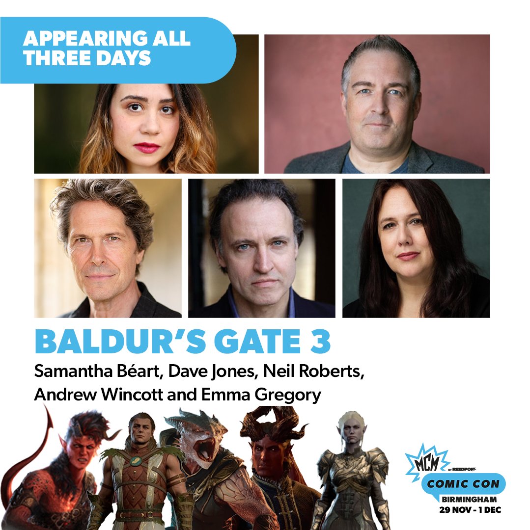 MCMComicCon's tweet photo. Meet the voices behind beloved characters in Baldur's Gate 3 all three days, and hear from them in their panel on Sunday at 11:45am (included in Sunday Prio &amp; Weekend tickets). 🤩

Get MCM Birmingham tickets: https://t.co/evtDgg0cD4 https://t.co/6ZY2KuXv6T