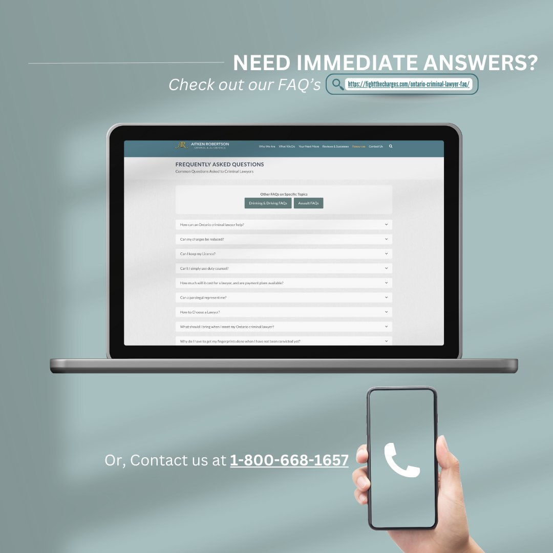 Need immediate answers? Check out our FAQ's! Or, give us call at 1-800-668-1657. 

#AitkenRobertson #CriminalLawyersOntario #OntarioLaw #LegalHelp #ContactUs #LawFirmOntario #FAQs