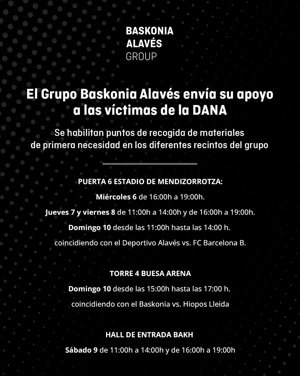 Baskonia's tweet photo. ℹ️ El Grupo Baskonia-Alavés envía material para ayudar los afectados por la DANA e invita a sumarse a la iniciativa a sus aficionados.

📰 Toda la información: https://t.co/TvBMfA1wzx https://t.co/md3ousmxRK