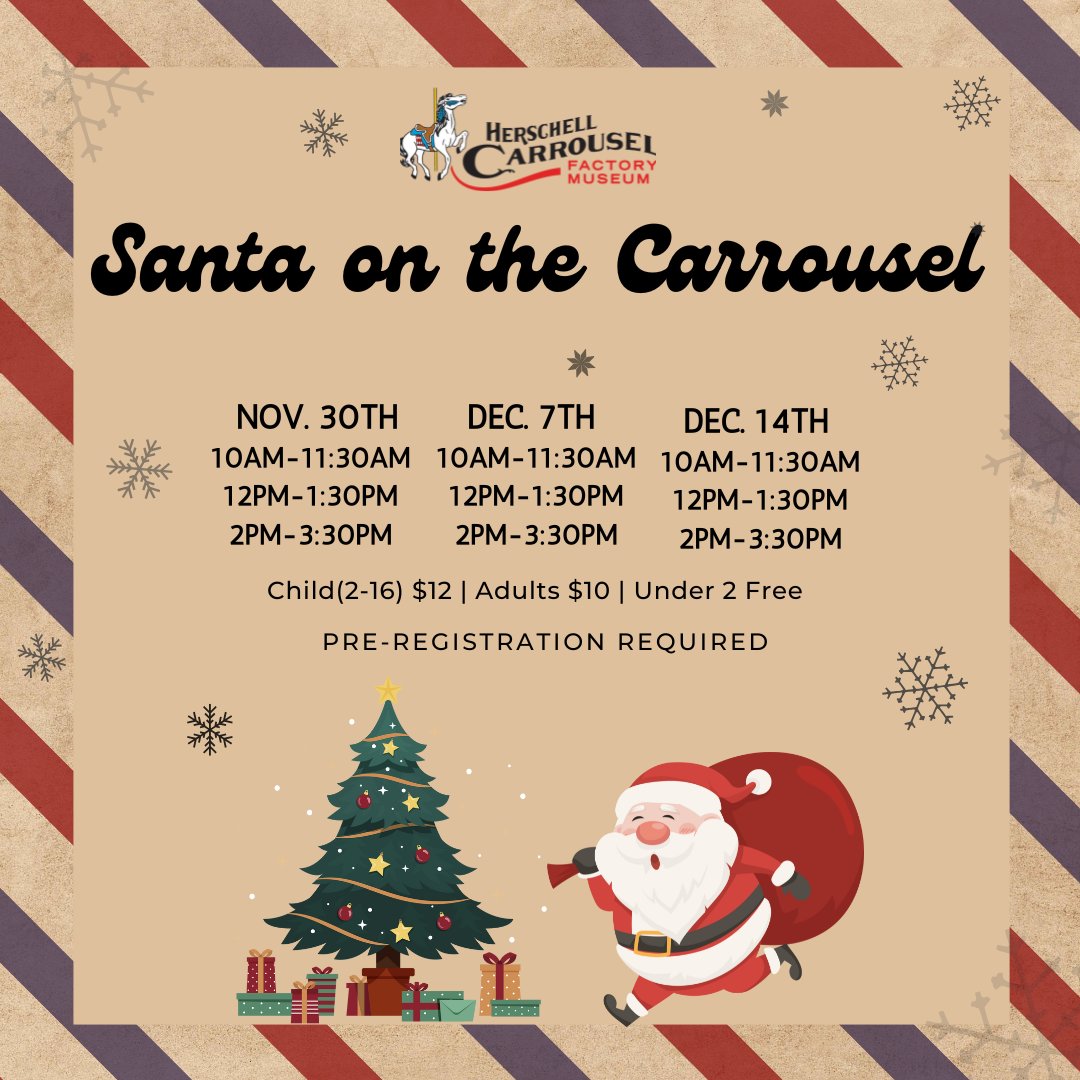Tis the season! Tickets for Santa on the Carrousel are on sale now! Join HCFM for photos with Santa, a special carousel ride with Santa, and plenty of reindeer games!

We have 3 timeslots each on Nov. 30th, Dec. 7th, and Dec 14th. This event sells out so buy your tickets today!