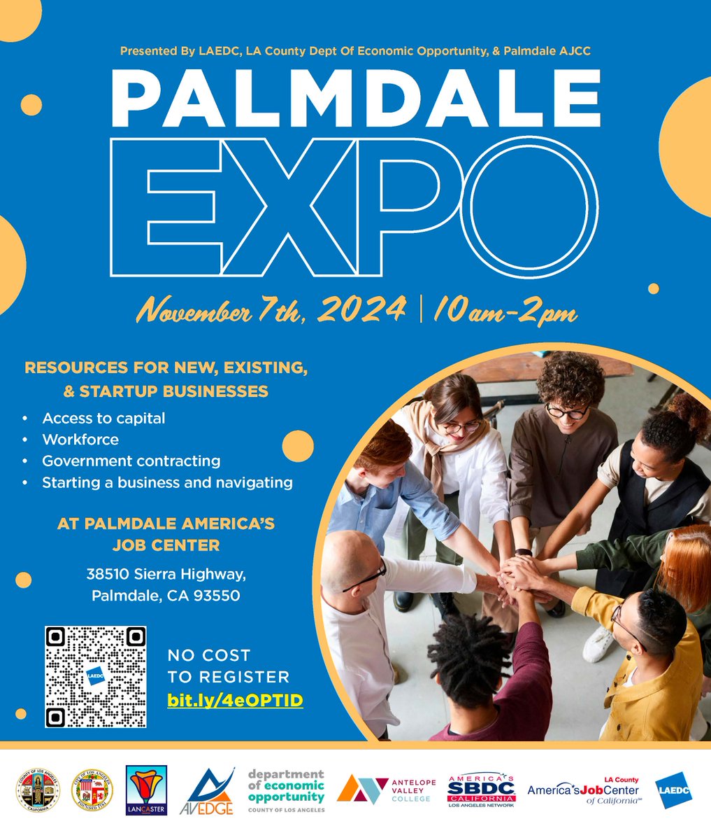 Join us this Thursday November 7th 10am-2pm at Palmdale America's Job Center! Palmdale EXPO will provide valuable resources for New, Existing, &amp; Startup Businesses!

Free Registration:
bit.ly/4eOPTID