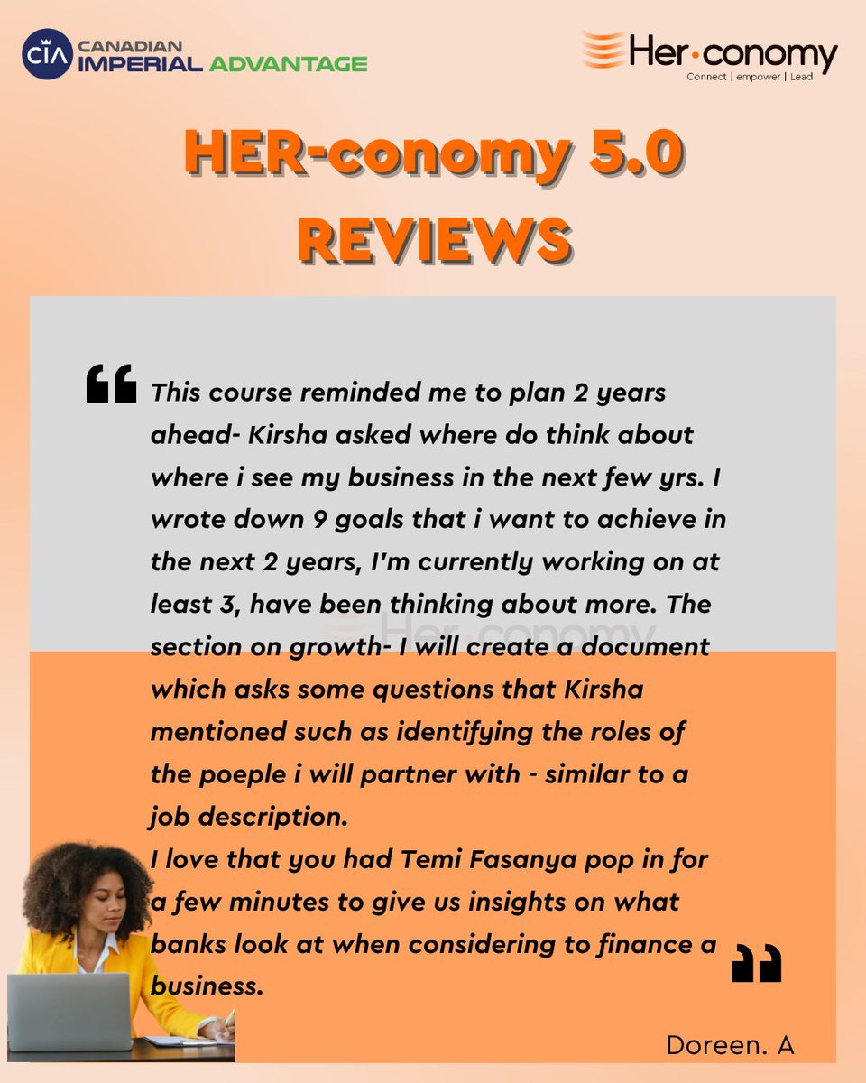 Get ready to dive into Business Planning with today’s HER-conomy class! Join us at 6 PM via Zoom as Kirsha Campbell leads this first session of the cohort, guiding you through the essentials of strategic planning.

Last day to register ---> imperialadvantage.ca/?services=her-…