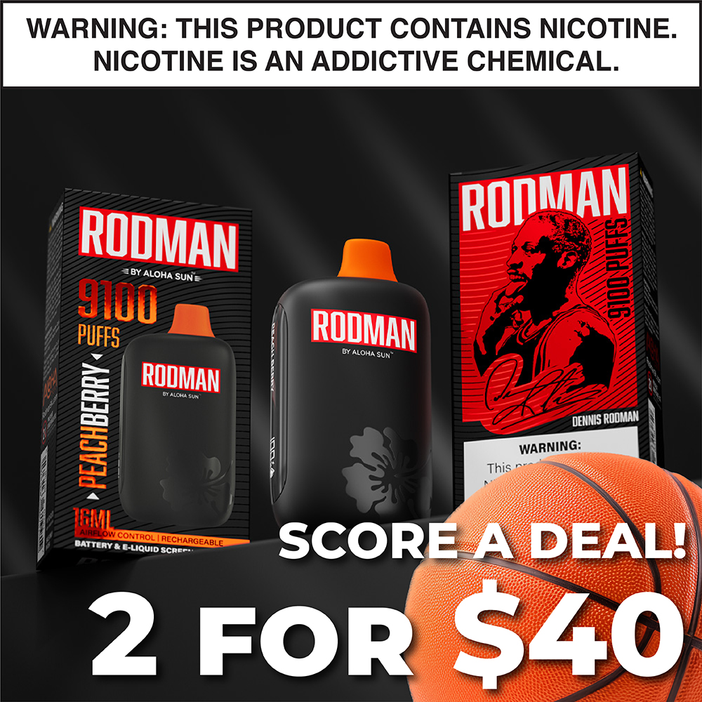 Score a deal on Rodman disposables this week, now just 2 for $40! Try unique flavors like Buzzer Beater, Hall of Fame, All-Star, and more! With 16ml of high-quality liquid and adjustable airflow, this disposable delivers lasting consistent flavor that you're sure to love!