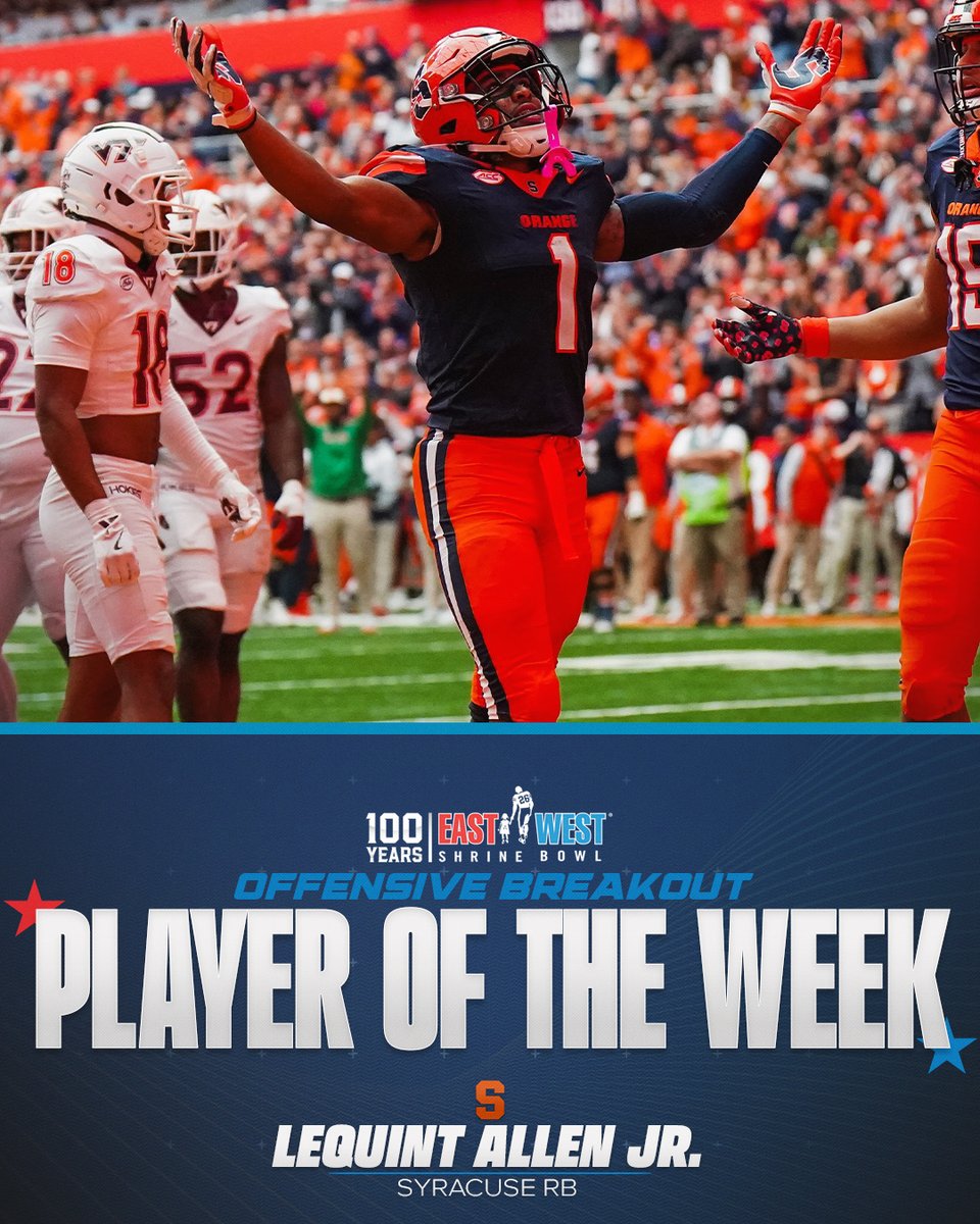 East-West Shrine Bowl (@shrinebowl) on Twitter photo Co-Offensive Breakout Player of the Week
๐ซ LeQuint Allen Jr. (<a href="/JrLequint/">LeQuint Allen Jr</a>), <a href="/CuseFootball/">Syracuse Football</a>
21 carries, 158 total yards, 3 TDs
#ShrineBowlWHOSNEXT Co-Offensive Breakout Player of the Week
๐ซ LeQuint Allen Jr. (<a href="/JrLequint/">LeQuint Allen Jr</a>), <a href="/CuseFootball/">Syracuse Football</a>
21 carries, 158 total yards, 3 TDs
#ShrineBowlWHOSNEXT