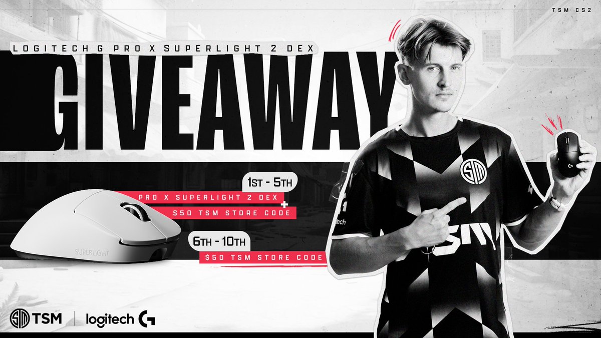TSM's tweet photo. 🗣️ TSM x @LOGITECHGESPORT GIVEAWAY

We've teamed up with our partners over at @LogitechGesport to give some lucky winners the new PRO X SUPERLIGHT 2 DEX!

Enter now and find out more → https://t.co/8AcG0vKIuT https://t.co/8AxcmvMeAq