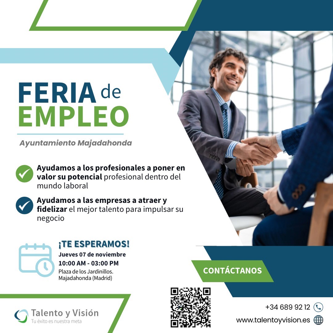 talentoyvision's tweet photo. 📢 Este jueves 7 de noviembre estaremos en la Feria de empleo del @MajadahondaAyto , patrocinado por la @ComunidadMadrid , @ViveMajadahonda  y el #círculoempresariosmajadahonda.
 ¡Si estás buscando empleo, te esperamos allí! 
Tu éxito es nuestra meta 💯 https://t.co/SqsMH9dm9Y
