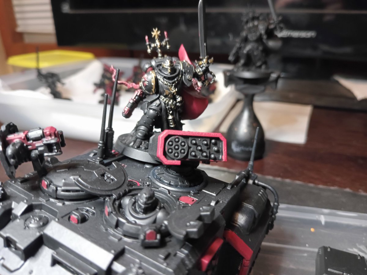 AutomaticMonkTV's tweet photo. Got a little more work done on the #Impulsor WIP
For the Emperor of course!
This is my 1st vehicle and I'm learning a lot from the process.
The top mounted equipment is all magnetized.
Metallics and highlights next!
#warhammer40k
#blacktemplar
#emperorswill
#newwargamer
#newpainter