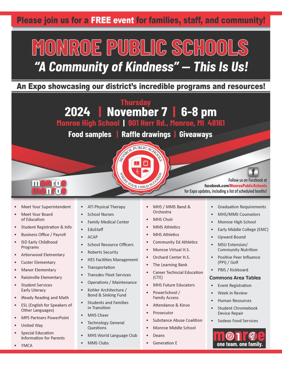 MonroeSchoolsMI's tweet photo. We are so excited for the MPS "Community of Kindness" — This is Us! Expo this Thursday evening, Nov 7, 2024, 6-8 p.m.  This event is a special opportunity to learn about the incredible programs, services, and resources offered by Monroe Public Schools and our district partners. https://t.co/s1HU6vS7aW