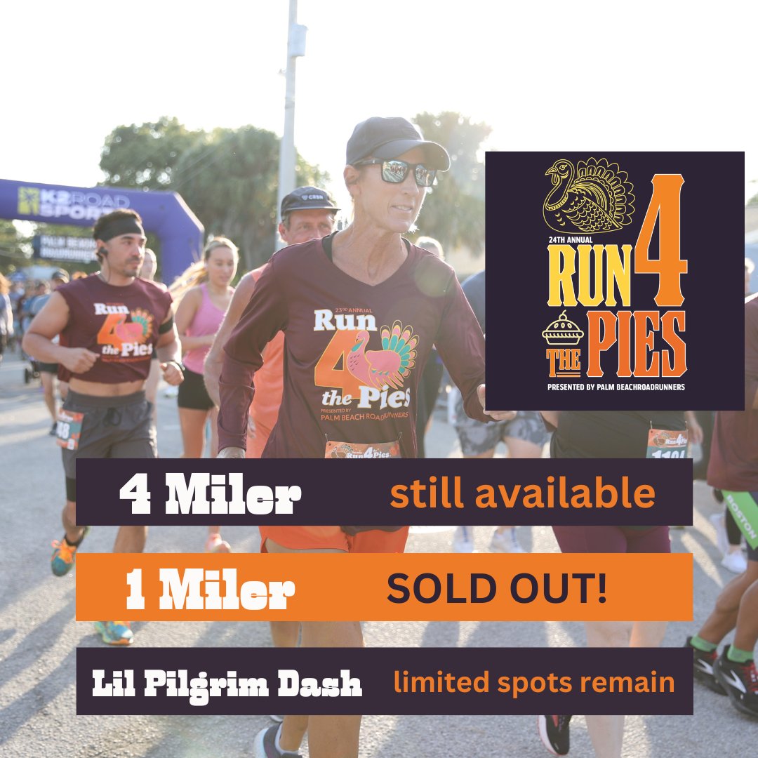 k2roadsports's tweet photo. Don't miss out on Run 4 the Pies this Thanksgiving! This event sells out every year, and this year will be no different. Sign up today for this annual Family tradition in Tequesta at https://t.co/86ugZ0ifty. The one-miler is already sold out. Don't delay! https://t.co/RYSlvDIv8Z