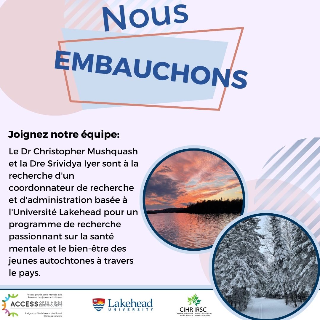 Intéressé par un programme de #recherche passionnant sur la #santémentale et le bien-être des jeunes autochtones à l'échelle nationale ? Nous avons une #opportunitéd'emploi pour vous !
Lien: lakeheadu.ca/sites/default/…