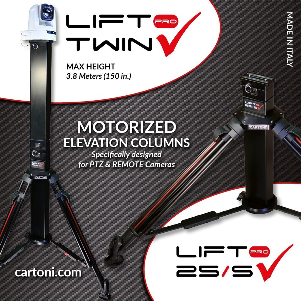 CartoniSocial's tweet photo. Cartoni Lifto 25/S Pro &amp; Lifto Twin Pro are advanced versions of the classic Lifto 25. The Twin pedestal-style stand features a twin motor-powered center column for use with PTZ  remotely controlled, capable of lifting any PTZ to an impressive height of … https://t.co/WeqL264VyP https://t.co/VuA27L2SeL