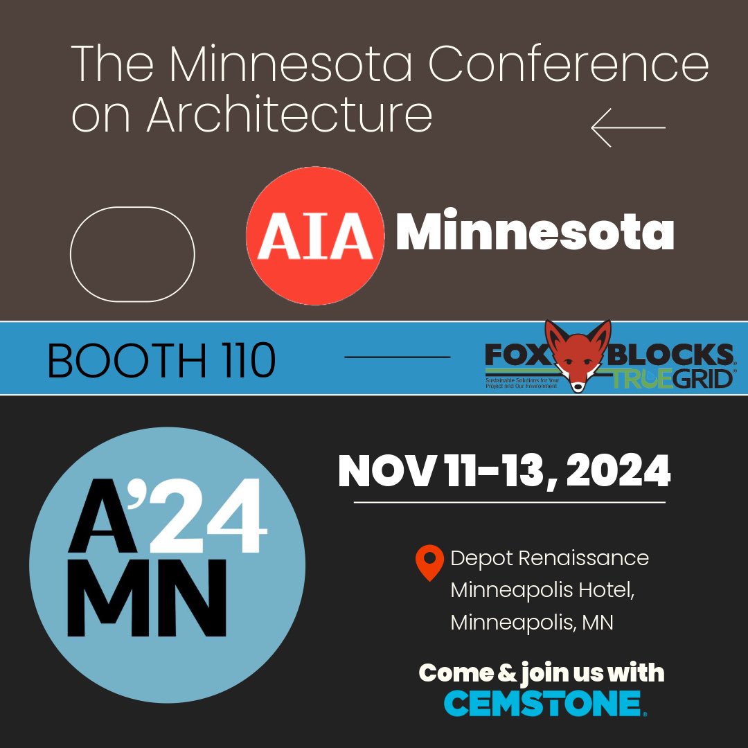 Fox Blocks (@foxblocksicf) on Twitter photo Join us in Booth 110 next week with <a href="/CemstoneSupply/">Cemstone Supply</a> at the AIA Minnesota Conference on Architecture!
aia-mn.org/event/a24mn/ Join us in Booth 110 next week with <a href="/CemstoneSupply/">Cemstone Supply</a> at the AIA Minnesota Conference on Architecture!
aia-mn.org/event/a24mn/