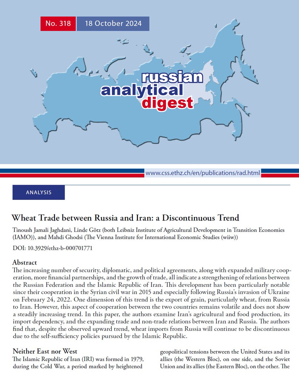 In a short article in Russian Analytical Digest or RAD (<a href="/CSS_ETHZurich/">CSS at ETH Zurich</a>), with <a href="/LindeGoetz/">Linde Götz</a> &amp; <a href="/MMGhodsi/">Mahdi Ghodsi</a>, we have analysed the wheat trade between Russian Federation and Islamic Republic of Iran (IRI)
css.ethz.ch/en/publication…
The German version of the same article is already out.