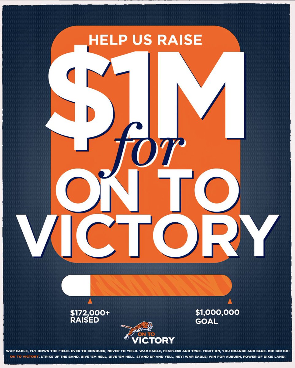 Auburn Family: Support Auburn athletes like me and make your impact go 3X further! 🦅
A donor will match your On To Victory subscription 3:1. Your $204 = $816 in support!
We’re at $172,026. Help us hit $1M by Dec 20!
shorturl.at/RbB6x