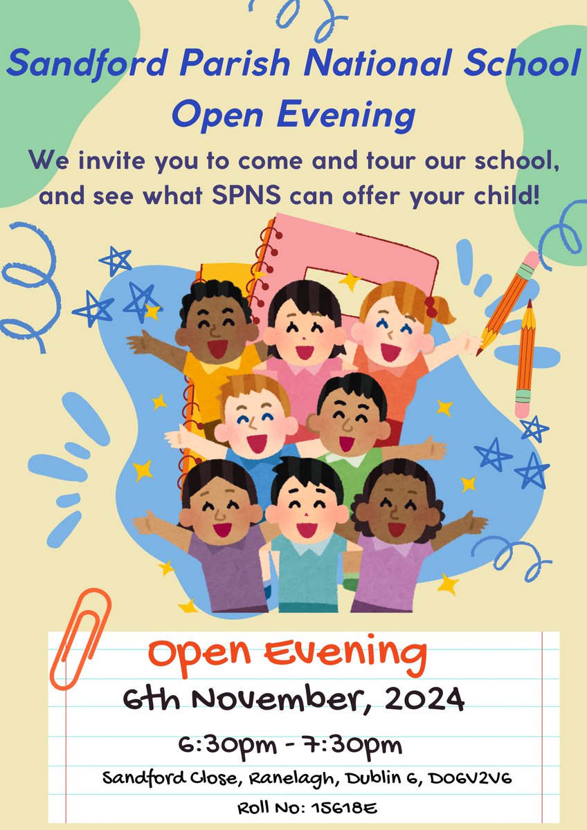 Sandford Parish National School is having an Open Evening this Wednesday, 6th November, from 6.30 pm to 7.30 pm for families interested in Junior Infants admissions coming up in January.