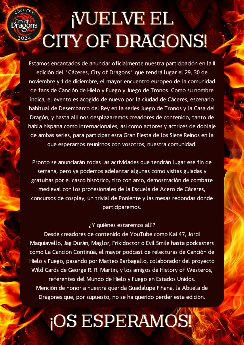 ⚔️¡¡SE ACERCA EL INVIERNO!!⚔️
Y con el invierno... ¡Vuelve el City of Dragons🐉!
El mayor encuentro europeo de fans de Juego de Tronos tendrá lugar el 29, 30 de noviembre y 1 de diciembre en Cáceres <a href="/Ayto_Caceres/">Ayuntamiento Cáceres</a> 
#CaceresCityOfDragons #HouseOfTheDragon 
+ Info muy pronto👇