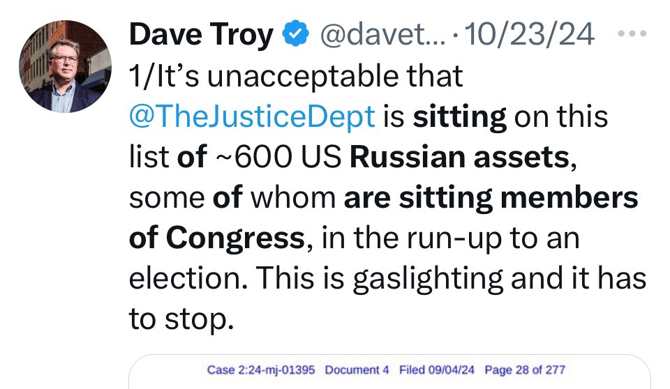 We know that the number of sitting members of Congress who are Russian assets is at least six. Think of that. The Justice Department knows this.