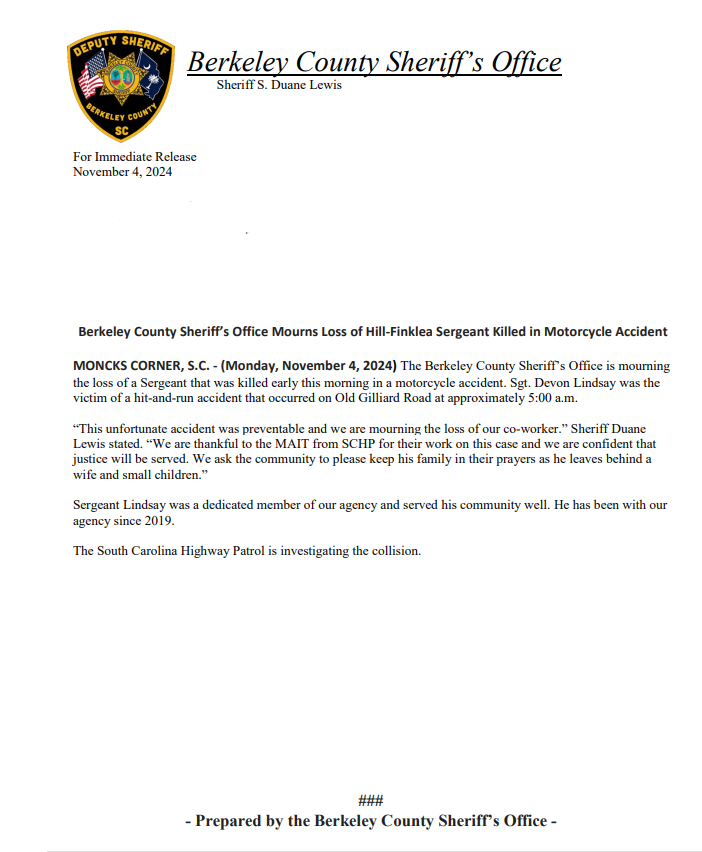BerkCoSheriff's tweet photo. For Immediate Release
November 4, 2024

𝐁𝐞𝐫𝐤𝐞𝐥𝐞𝐲 𝐂𝐨𝐮𝐧𝐭𝐲 𝐒𝐡𝐞𝐫𝐢𝐟𝐟’𝐬 𝐎𝐟𝐟𝐢𝐜𝐞 𝐌𝐨𝐮𝐫𝐧𝐬 𝐋𝐨𝐬𝐬 𝐨𝐟 𝐇𝐢𝐥𝐥-𝐅𝐢𝐧𝐤𝐥𝐞𝐚 𝐒𝐞𝐫𝐠𝐞𝐚𝐧𝐭 𝐊𝐢𝐥𝐥𝐞𝐝 𝐢𝐧 𝐌𝐨𝐭𝐨𝐫𝐜𝐲𝐜𝐥𝐞 𝐀𝐜𝐜𝐢𝐝𝐞𝐧𝐭 https://t.co/MBhp5q3s2I