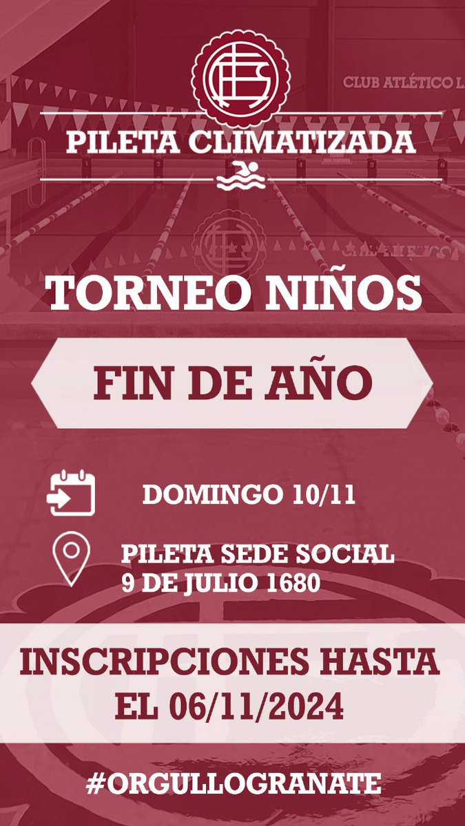 Se viene el TORNEO INTERNO DE NIÑOS de natación el domingo 10/11/2024 a las 08:30 hs.

Información importante:

Inscribite hasta el 06/11/2024
Costo de inscripción: $5.000
Entrada para invitados: $1.000

Acompañemos a los chicos en este evento especial!

LOS ESPERAMOS 🇱🇻