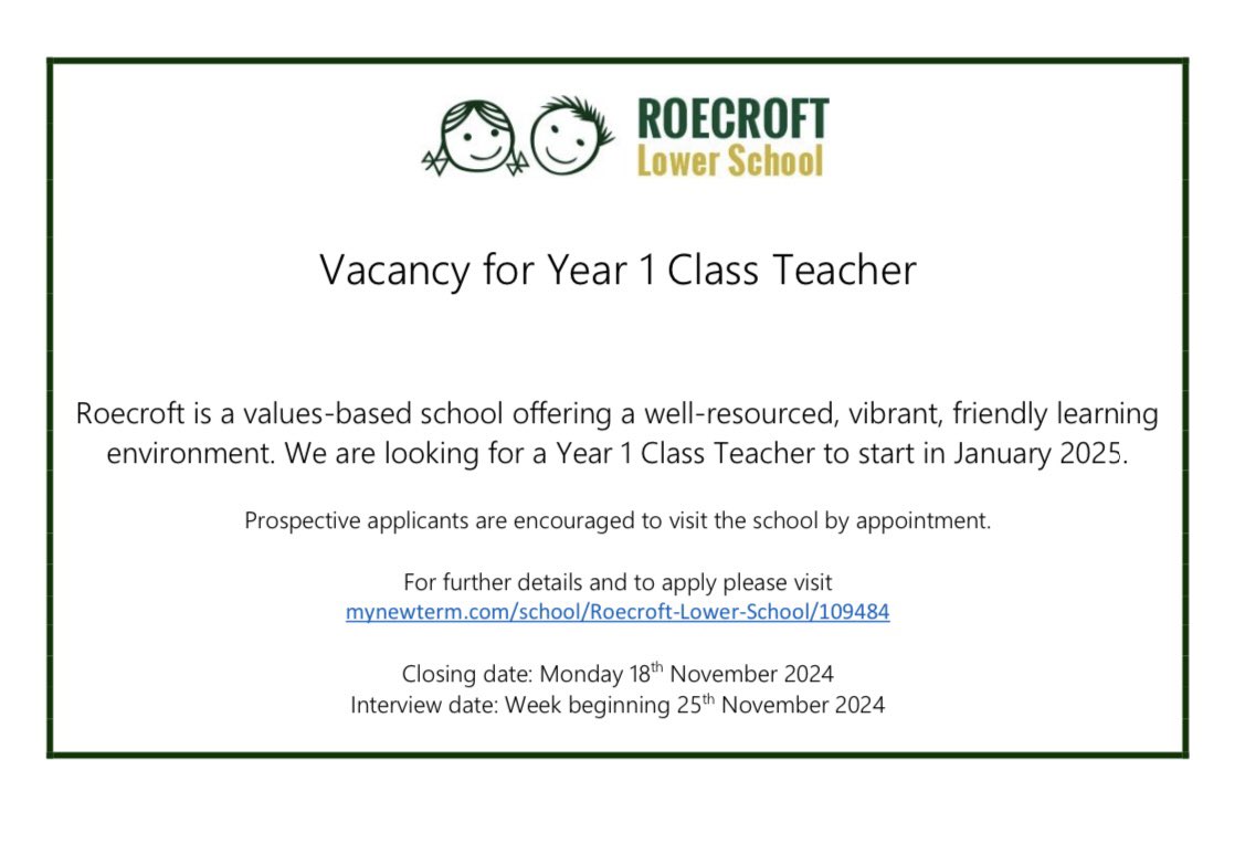 Roecroft Lower School (@roecroftlower) on Twitter photo We’re recruiting a Year 1 teacher. 
Please share. 
roecroftlower.co.uk/AboutUs/Vacanc… We’re recruiting a Year 1 teacher. 
Please share. 
roecroftlower.co.uk/AboutUs/Vacanc…