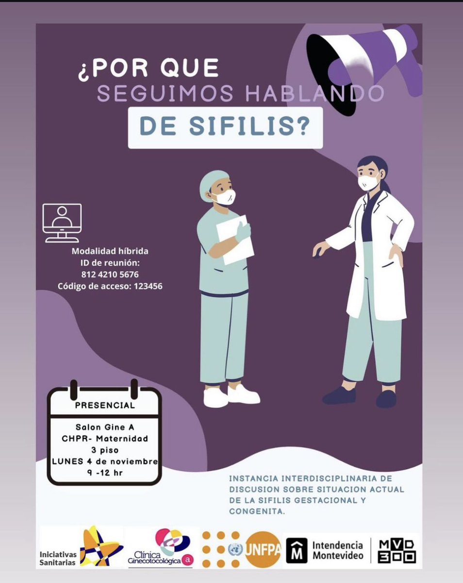 GINEaUY's tweet photo. 📣 ¿Por qué seguimos hablando de sífilis?‼️

Actividad conjunta con @ini_sanitarias y @montevideoIM con el apoyo de @UNFPAuruguay a propósito del aumento de casos de sífilis gestacional y congénita y estrategias para su abordaje. https://t.co/dBh0B3Ud7a