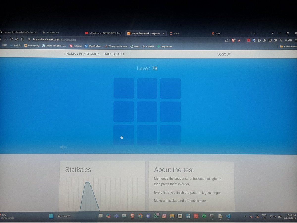 WalkingDevFlag's tweet image. I even cracked the Sequence Memory Test on Human Benchmark😈!!!!

Just reached lvl 78 

#Python #HumanBenchmark #MemoryTest