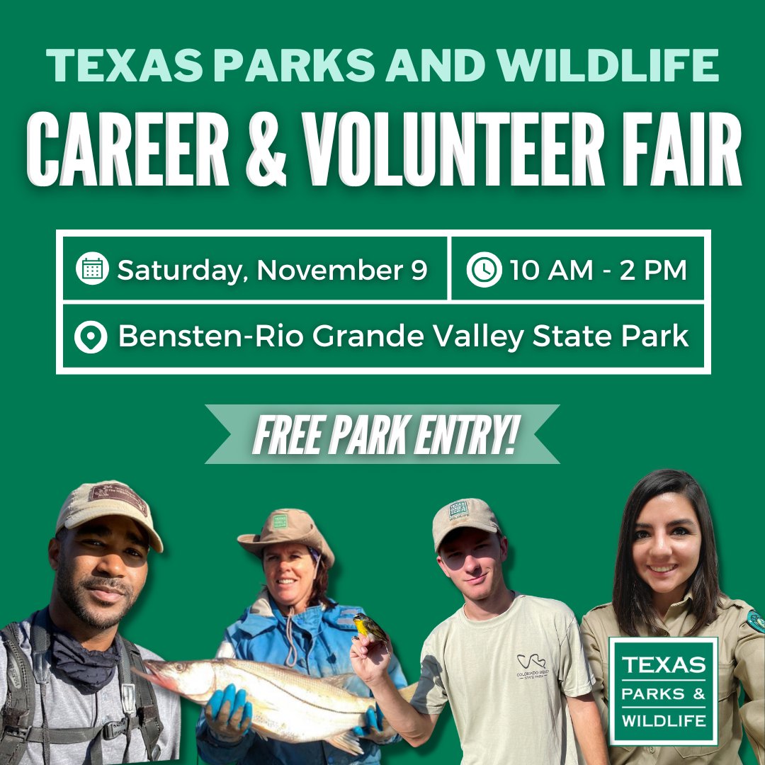 TPWDnews's tweet photo. 💡 Save the date! Our next Career & Volunteer Fair is Sat. NOV 9 at Bentsen-Rio Grande Valley State Park in #southTexas
Explore opportunities around the state!
👉🏽 REGISTER at https://t.co/6NHty5nvpt
#CoolJobs #RGV https://t.co/yb9VbuimaN